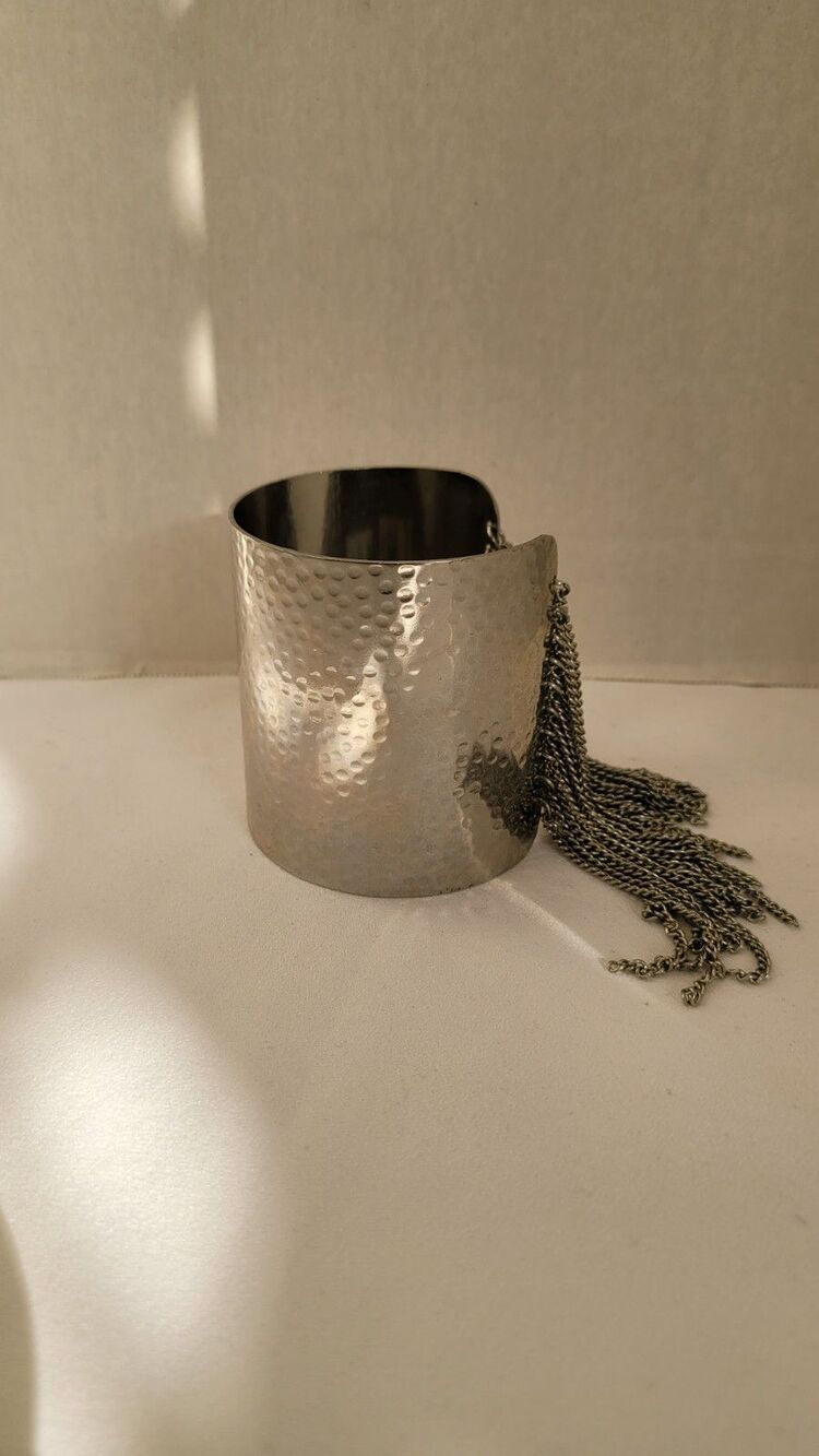 Silver Wide Cuff Bracelet Hammered Fringe 2.5" Statement Fashion Jewelry Boho